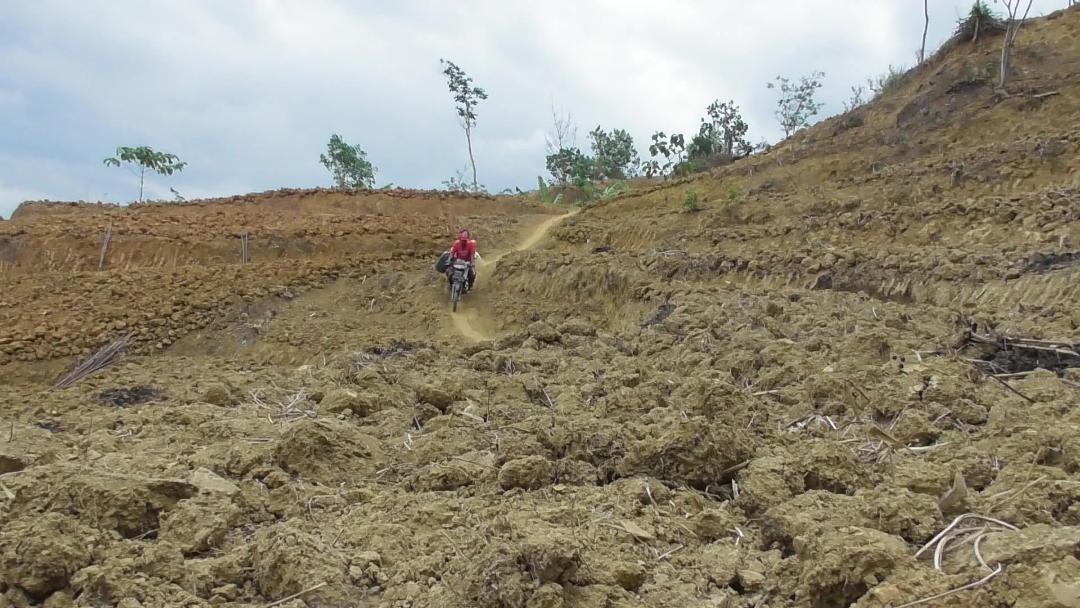 SAWAH KEKERINGAN: Warga melintas di persawahan tadah hujan di Desa Jalatunda Kecamatan Mandiraja yang kondisinya kering kerontang selama musim kemarau. (37)