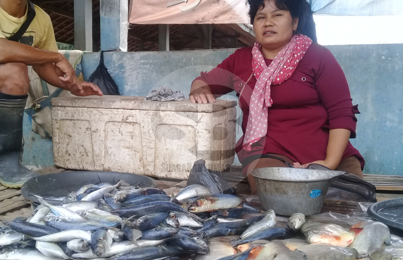 MENJUAL IKAN : Seorang pedagang menjual ikan air tawar di Pasar Desa Karangpucung, Kecamatan Karangpucung, Kabupaten  Cilacap, baru-baru ini.(SM/Teguh Hidayat Akbar-60)