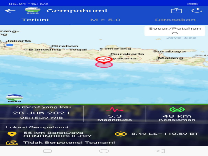 Gempa M 5.3 Guncang Gunungkidul, Tidak Berpotensi Tsunami